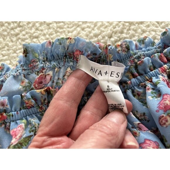 AVA + ESME  Short Puff Sleeve Blue/Pink Floral Chiffon On/Off Shoulder Crop Top - Picture 3 of 8